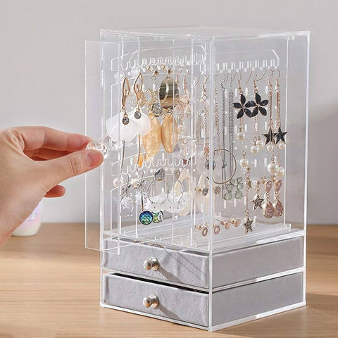 Organizator de bijuterii, Zola, trei sertare extensibile, doua sertare captusite cu catifea, din plastic, 24.5x14.5 cm, gri/transparent Organizator de bijuterii, Zola, trei sertare extensibile, doua sertare captusite cu catifea, din plastic, 24.5x14.5 cm, gri/transparent